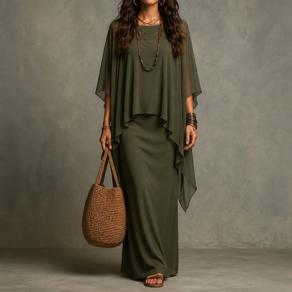 Gedrapeerde maxi-jurk met capemouwen en asymmetrische zoom
