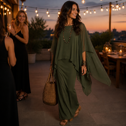 Gedrapeerde maxi-jurk met capemouwen en asymmetrische zoom