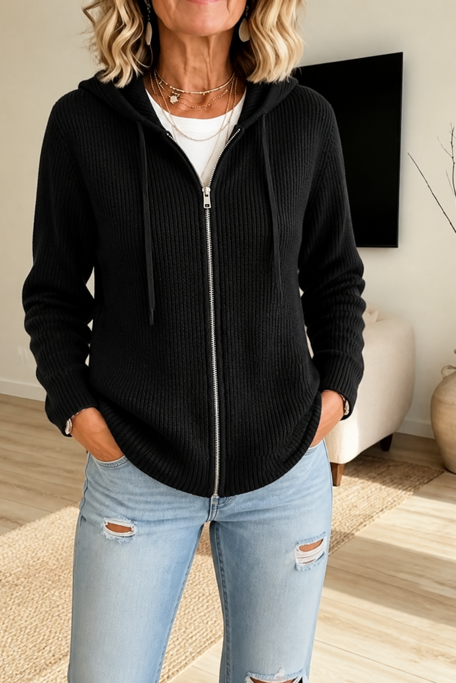 Geribbeld gebreid vest met ritssluiting en stretch