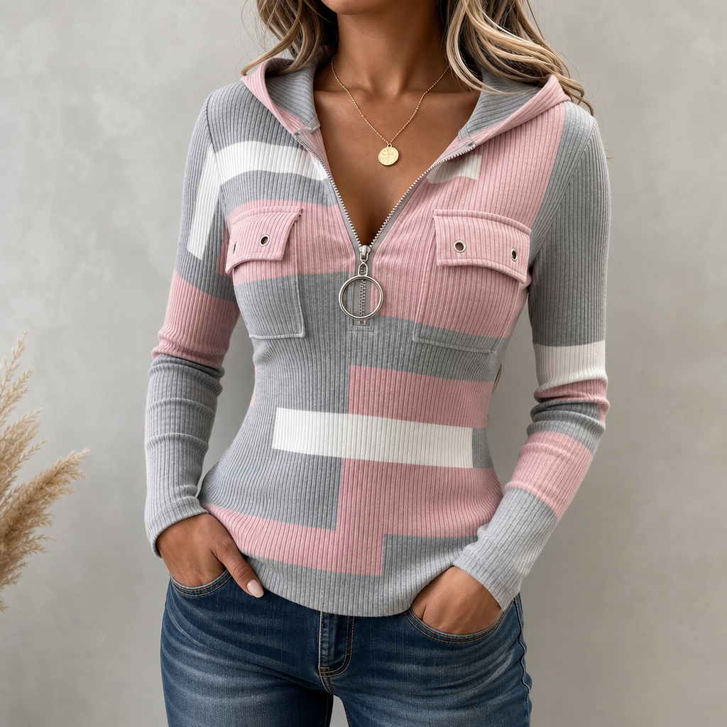 Geribde colorblock top met capuchon en ritssluiting