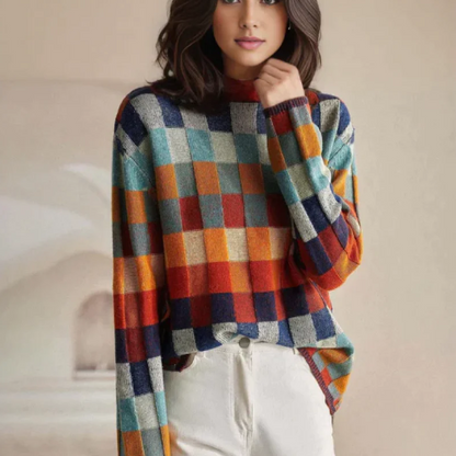 Geruite damestrui met relaxed fit - Comfortabele gebreide trui met ruitpatroon en ronde hals, zachte oversized wintertrui