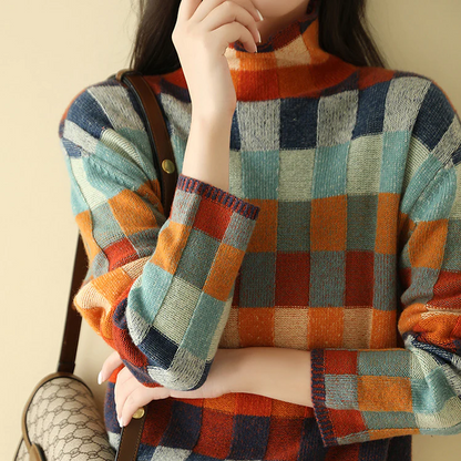 Geruite damestrui met relaxed fit - Comfortabele gebreide trui met ruitpatroon en ronde hals, zachte oversized wintertrui