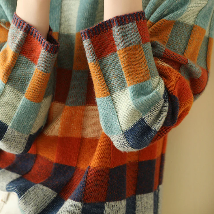 Geruite damestrui met relaxed fit - Comfortabele gebreide trui met ruitpatroon en ronde hals, zachte oversized wintertrui