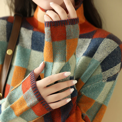 Geruite damestrui met relaxed fit - Comfortabele gebreide trui met ruitpatroon en ronde hals, zachte oversized wintertrui