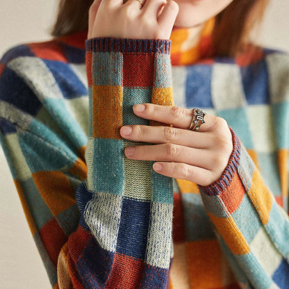 Geruite damestrui met relaxed fit - Comfortabele gebreide trui met ruitpatroon en ronde hals, zachte oversized wintertrui