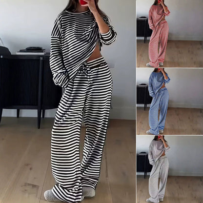 Gestreepte damesloungewearset met oversized sweatshirt en broek met elastische taille en trekkoord