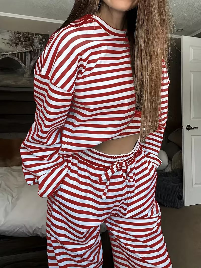 Gestreepte damesloungewearset met oversized sweatshirt en broek met elastische taille en trekkoord