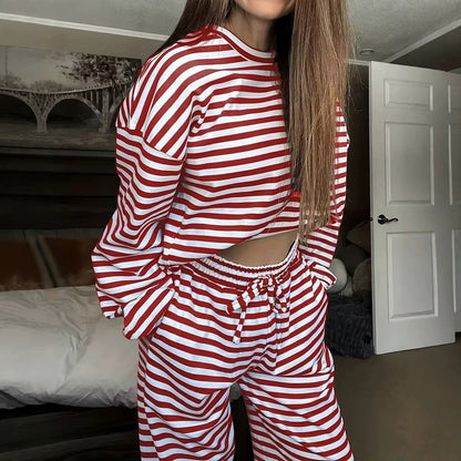 Gestreepte damesloungewearset met oversized sweatshirt en broek met elastische taille en trekkoord