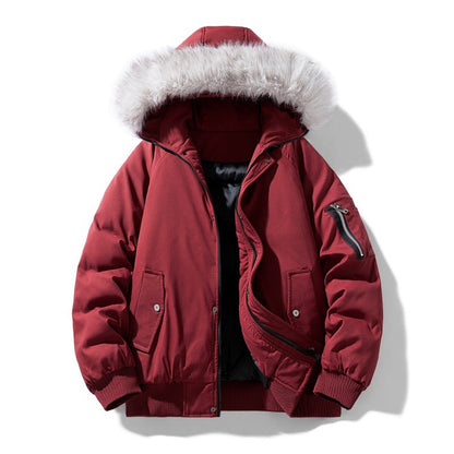 Gevoerde winterparka voor heren met afneembare capuchon met imitatiebont en winddichte wattering