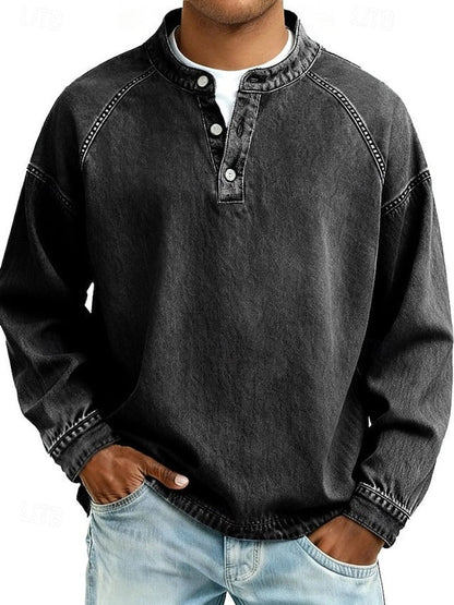 Gewassen vintage henley-gebreide trui met lange mouwen voor heren