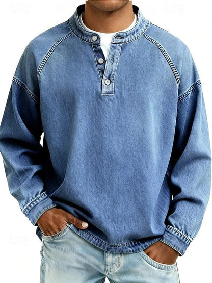 Gewassen vintage henley-gebreide trui met lange mouwen voor heren