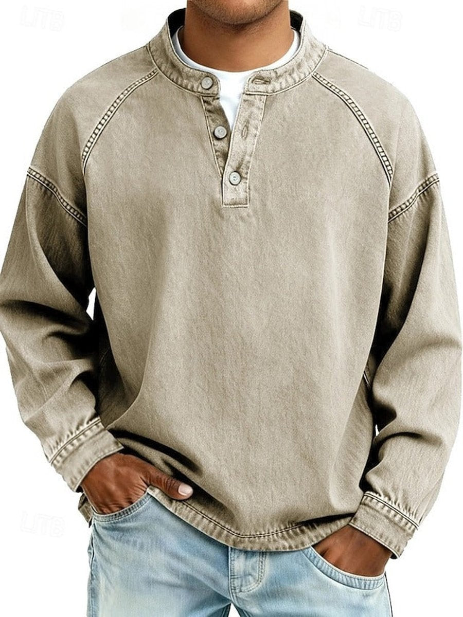 Gewassen vintage henley-gebreide trui met lange mouwen voor heren