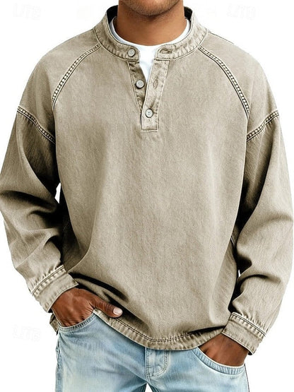 Gewassen vintage henley-gebreide trui met lange mouwen voor heren