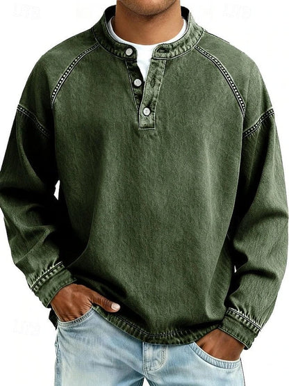 Gewassen vintage henley-gebreide trui met lange mouwen voor heren