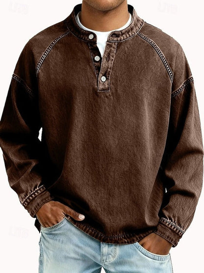 Gewassen vintage henley-gebreide trui met lange mouwen voor heren