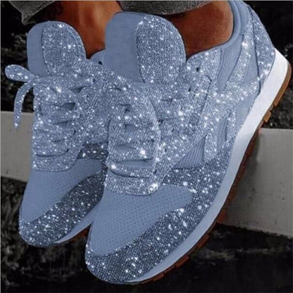 Glinsterende modieuze damessneakers met strass-look, ademend gebreid bovenwerk en dempende binnenzool