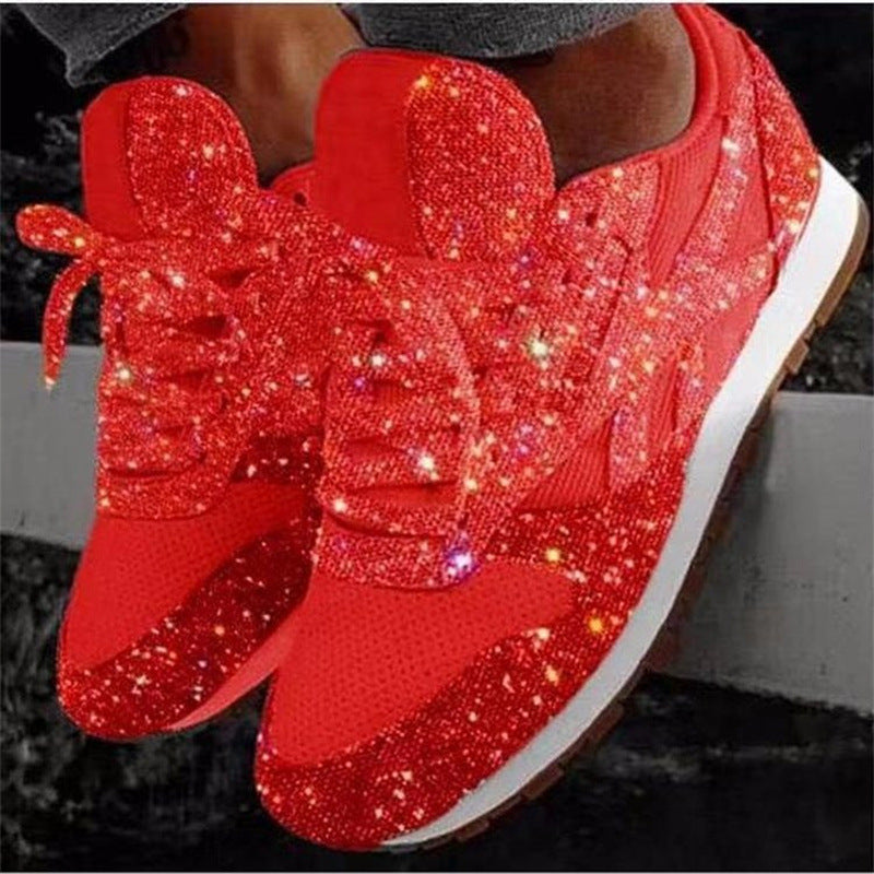 Glinsterende modieuze damessneakers met strass-look, ademend gebreid bovenwerk en dempende binnenzool