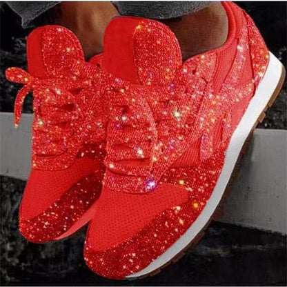 Glinsterende modieuze damessneakers met strass-look, ademend gebreid bovenwerk en dempende binnenzool