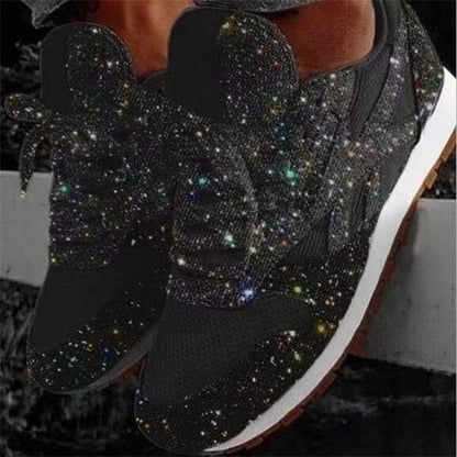 Glinsterende modieuze damessneakers met strass-look, ademend gebreid bovenwerk en dempende binnenzool