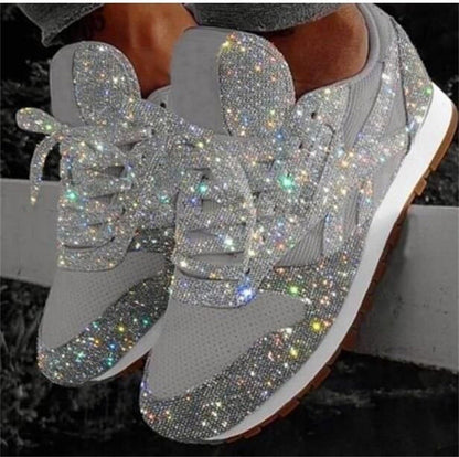 Glinsterende modieuze damessneakers met strass-look, ademend gebreid bovenwerk en dempende binnenzool