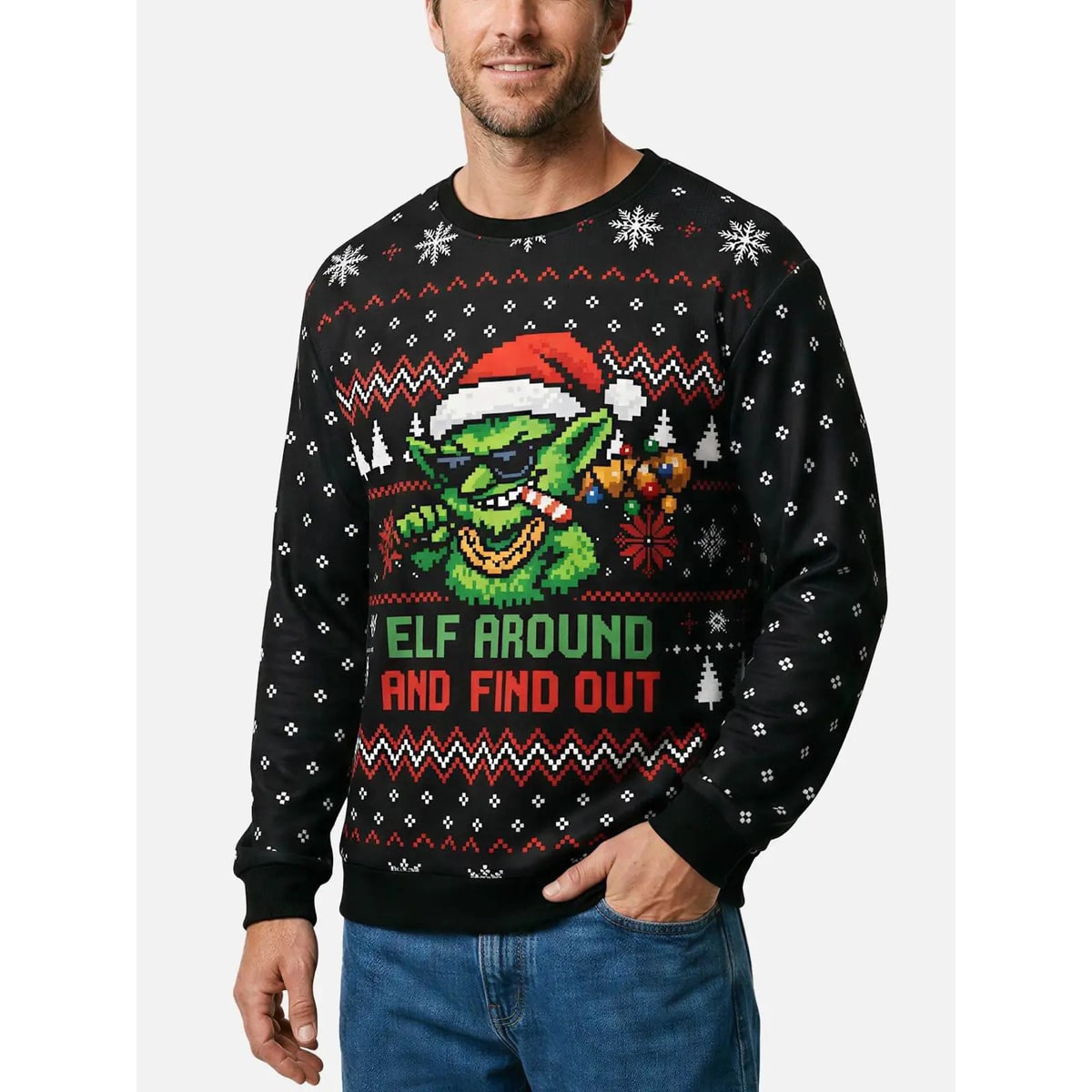 Grappige foute kersttrui voor dames met ronde hals, Fair Isle-patroon en goblin-print