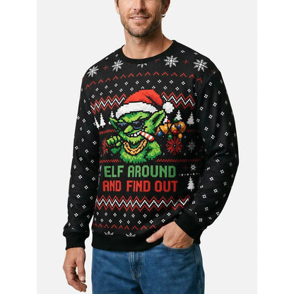 Grappige foute kersttrui voor dames met ronde hals, Fair Isle-patroon en goblin-print