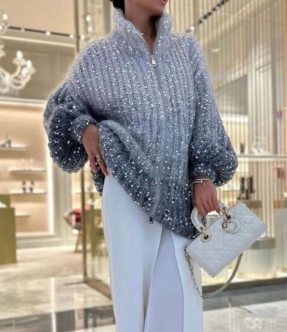 Grofgebreid oversized damesvest met ritskraag en pailletten