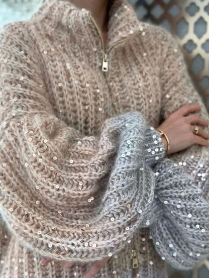 Grofgebreid oversized damesvest met ritskraag en pailletten