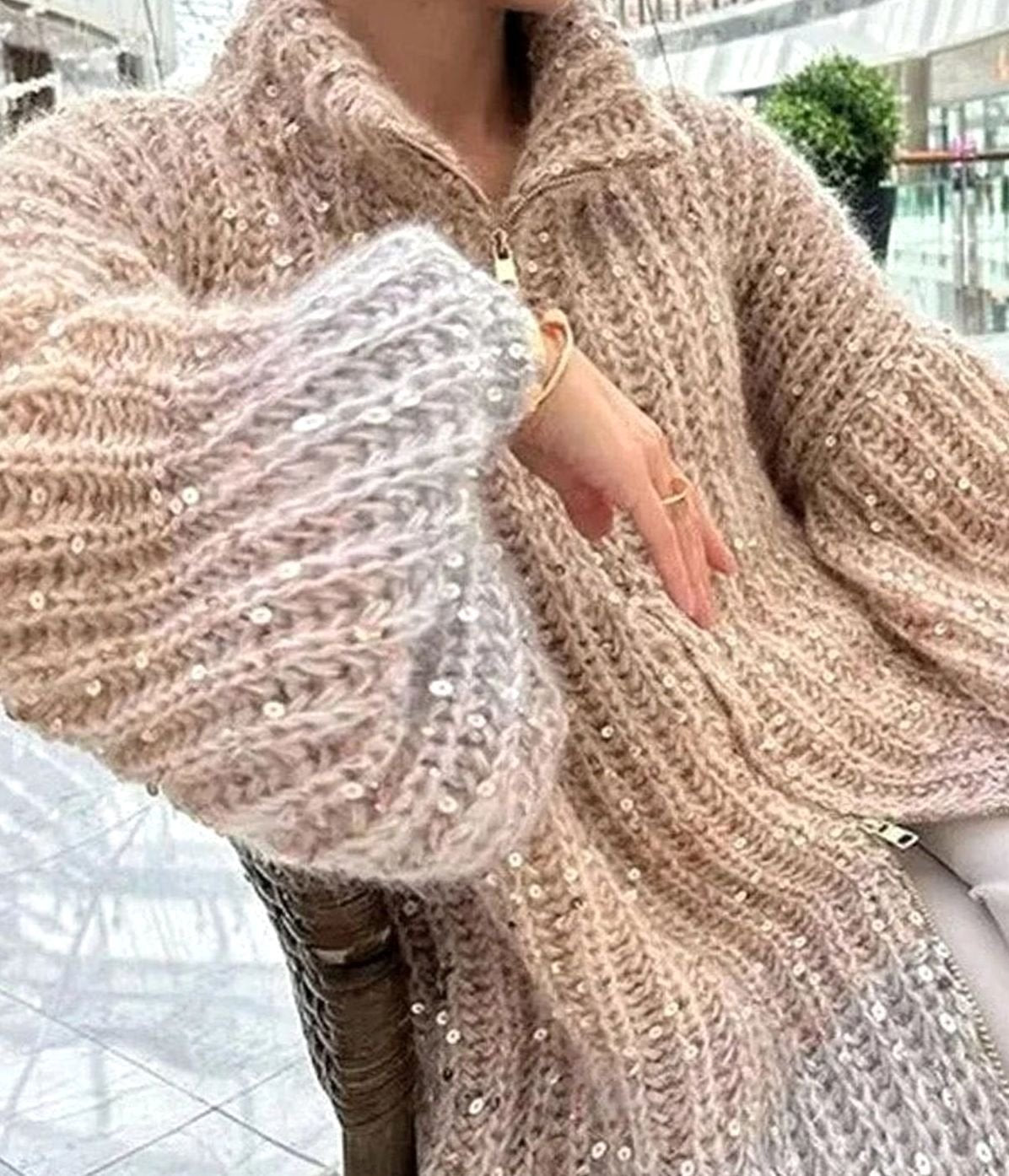 Grofgebreid oversized damesvest met ritskraag en pailletten