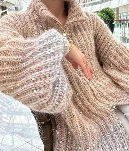 Grofgebreid oversized damesvest met ritskraag en pailletten