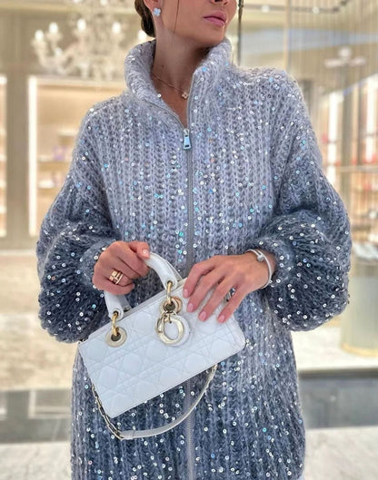 Grofgebreid oversized damesvest met ritskraag en pailletten