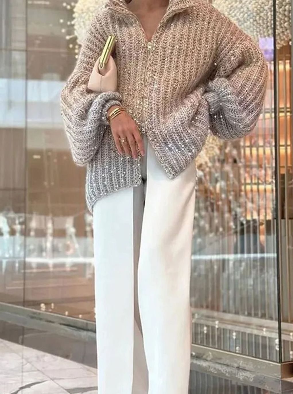 Grofgebreid oversized damesvest met ritskraag en pailletten