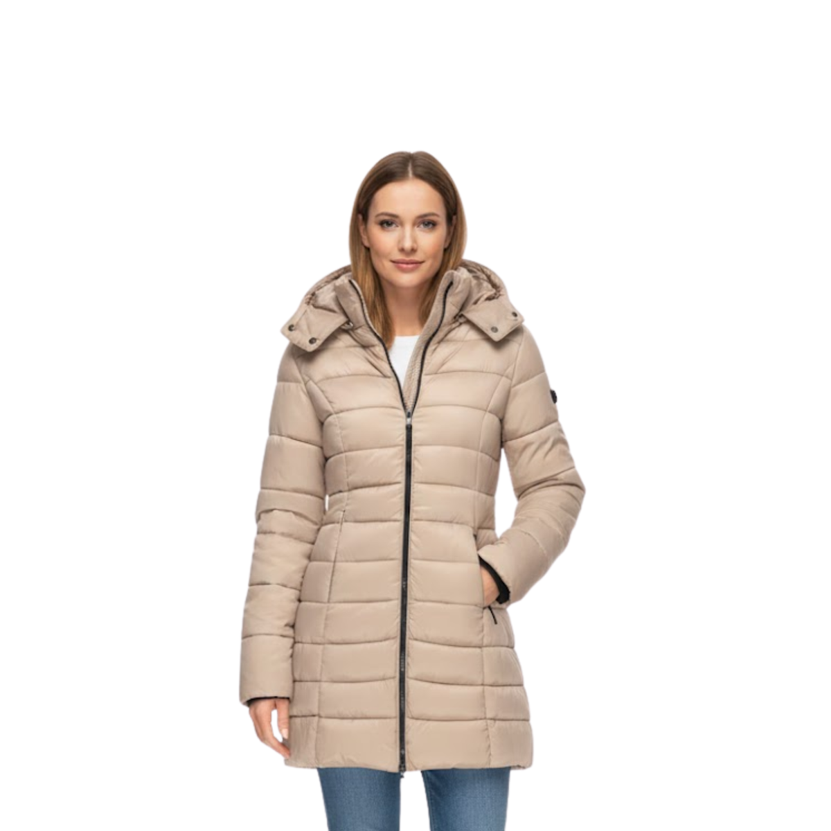 Halflange gewatteerde damesparka met capuchon - Warme winterparka & doorgestikte jas