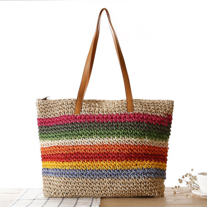 Handgeweven raffia shopper met kleurrijke strepen