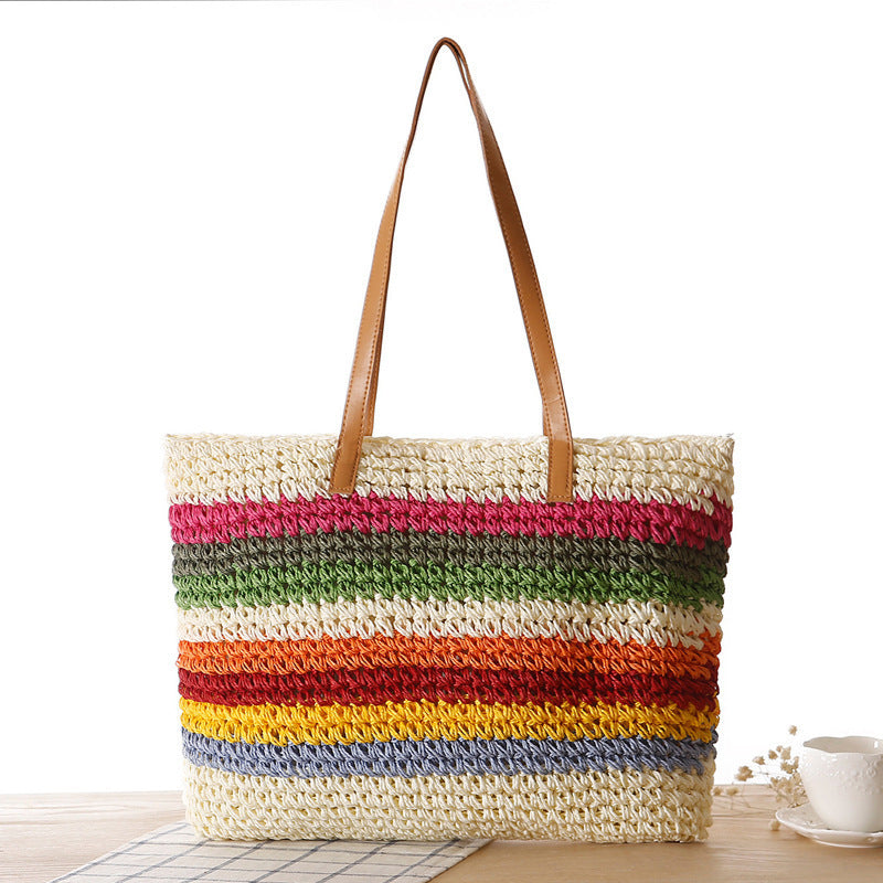 Handgeweven raffia shopper met kleurrijke strepen