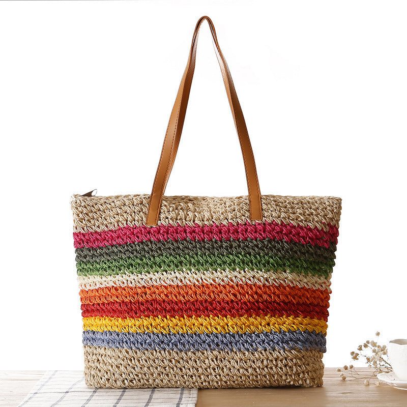 Handgeweven raffia shopper met kleurrijke strepen