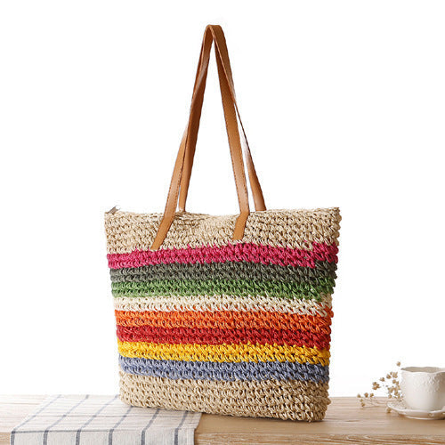 Handgeweven raffia shopper met kleurrijke strepen