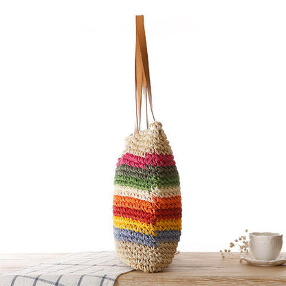 Handgeweven raffia shopper met kleurrijke strepen