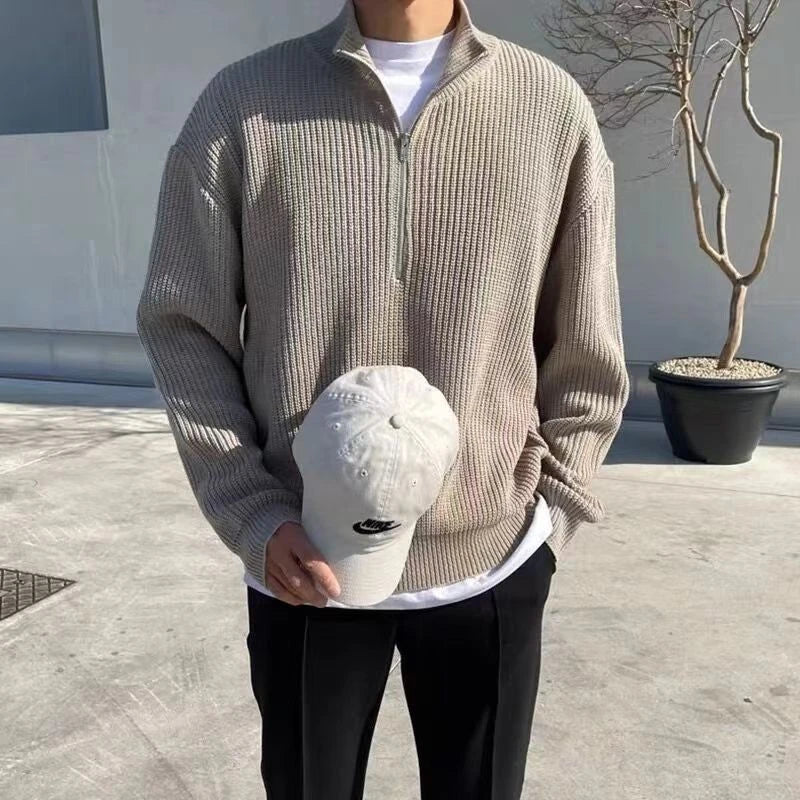 Image of Heren Half-Zip Geribbelde Gebreide Trui