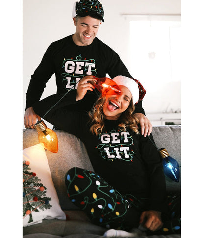 Heren pyjamaset met lange mouwen en 'Get Lit'-tekstprint