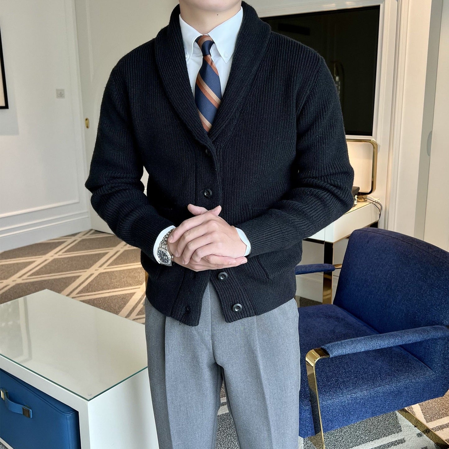 Image of Heren Shawlkraag Geribbelde Gebreide Vest