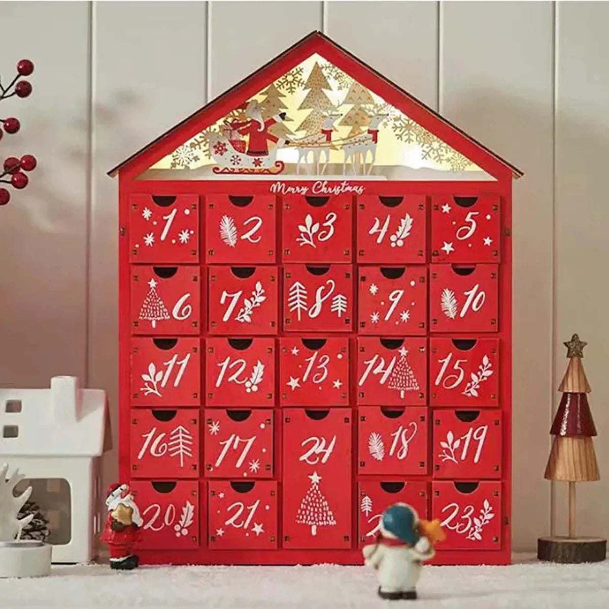 Houten adventskalender met 24 lades – Hervulbare DIY-kerstaftelling met verlichting – 30 x 6,3 x 39 cm