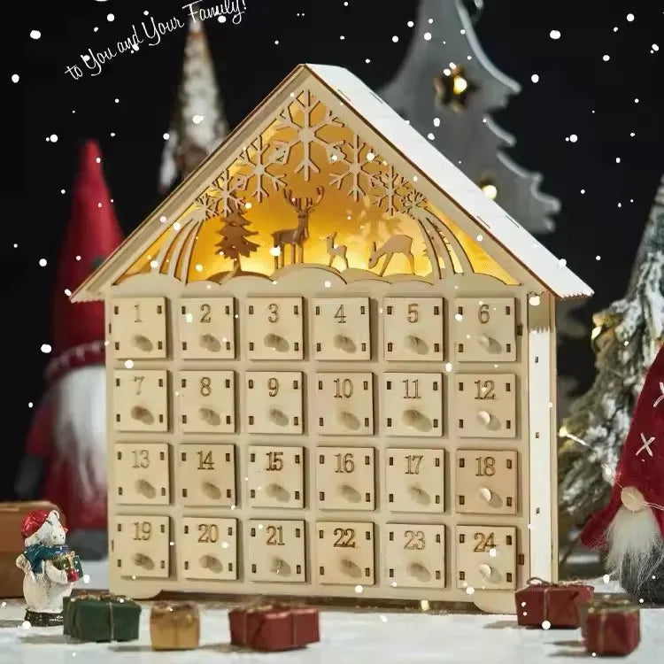 Houten adventskalender met 24 lades – Hervulbare DIY-kerstaftelling met verlichting – 30 x 6,3 x 39 cm