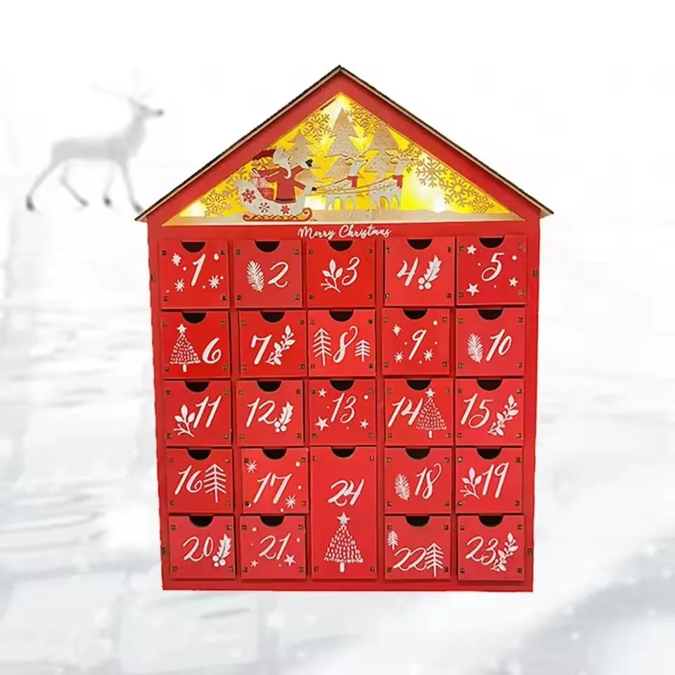 Houten adventskalender met 24 lades – Hervulbare DIY-kerstaftelling met verlichting – 30 x 6,3 x 39 cm