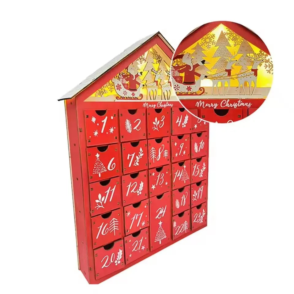 Houten adventskalender met 24 lades – Hervulbare DIY-kerstaftelling met verlichting – 30 x 6,3 x 39 cm