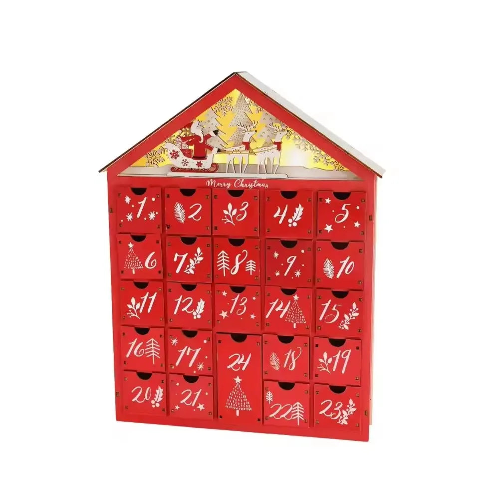 Houten adventskalender met 24 lades – Hervulbare DIY-kerstaftelling met verlichting – 30 x 6,3 x 39 cm