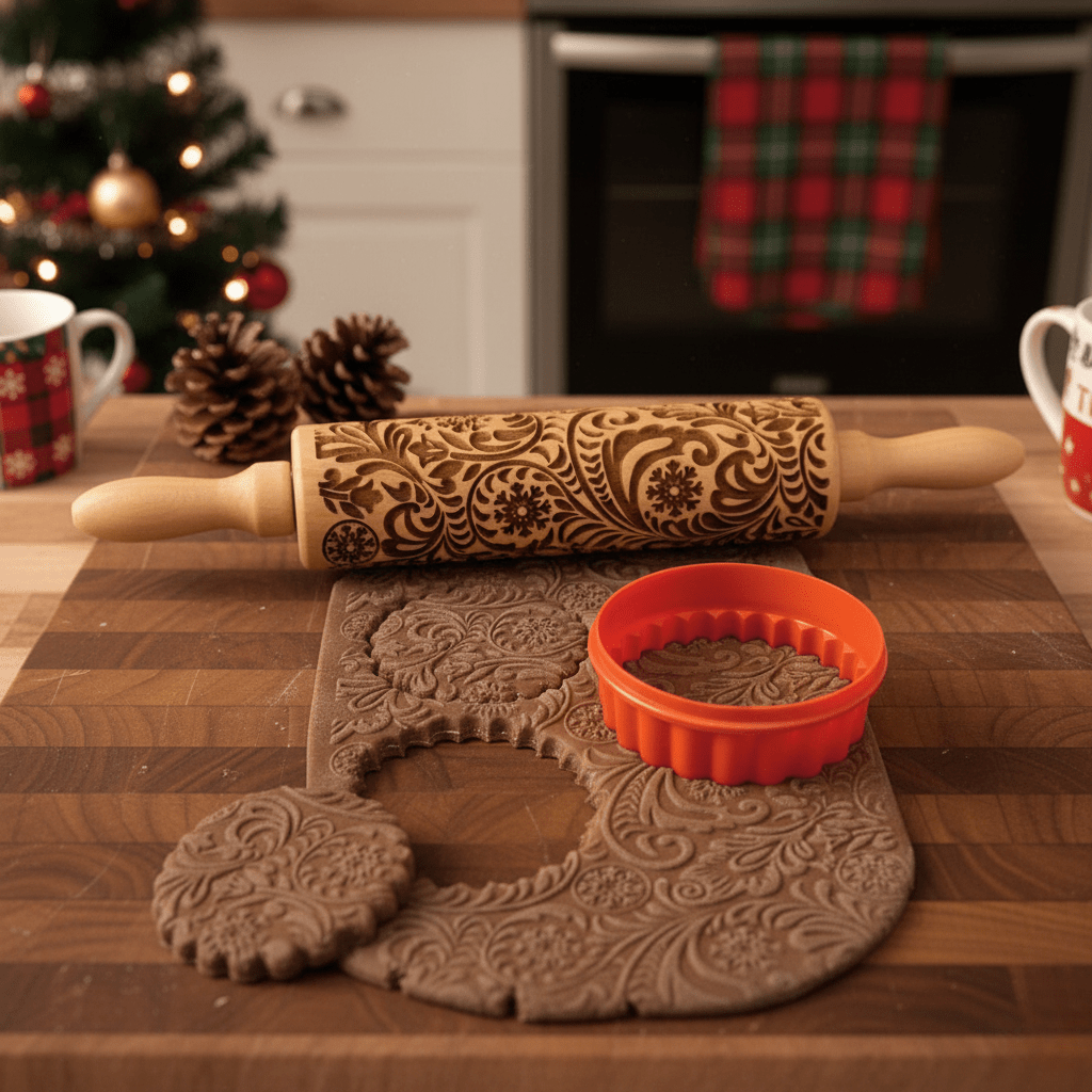 Houten deegroller met reliëf voor kerstkoekjes en gebak