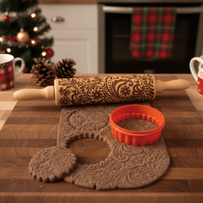 Houten deegroller met reliëf voor kerstkoekjes en gebak