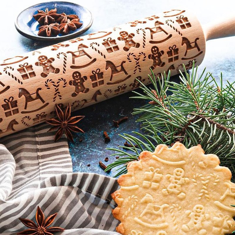 Houten deegroller met reliëf voor kerstkoekjes en gebak