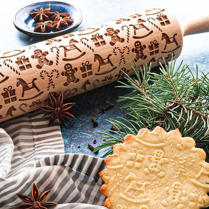 Houten deegroller met reliëf voor kerstkoekjes en gebak